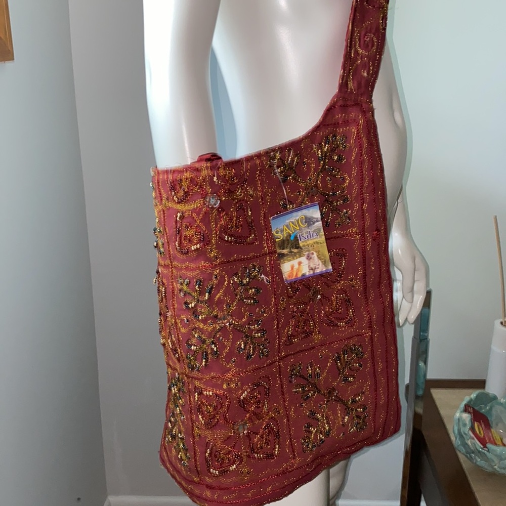 Bohemian Sling Bag Made in India Satin Beads Burgundy Crossbody NWT